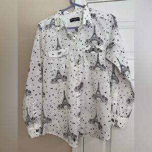 Karl Lagerfeld Paris Eiffel Tower White Black Blouse Button Up Size Medium
